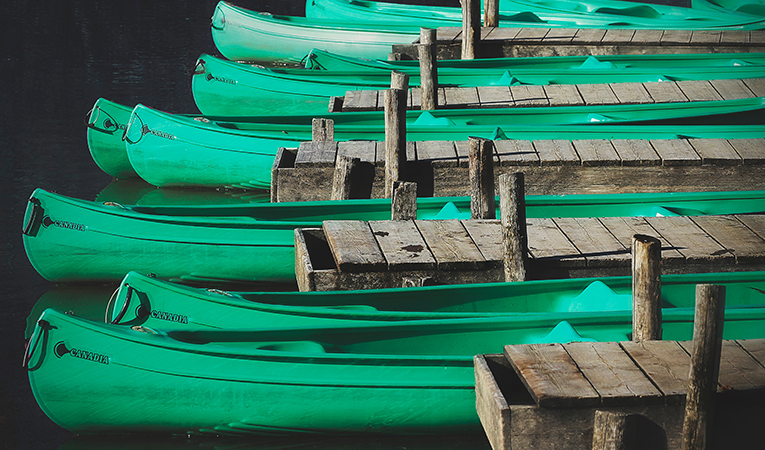 Bright green canoes tied up at dock