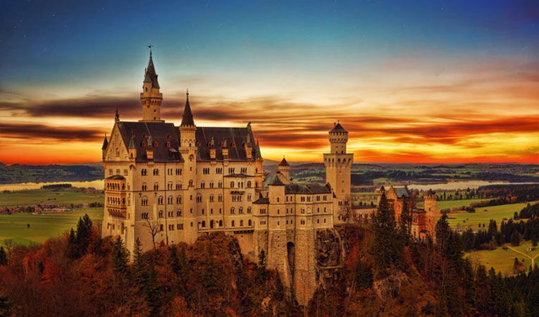Iconic castle in Bavaria at dusk