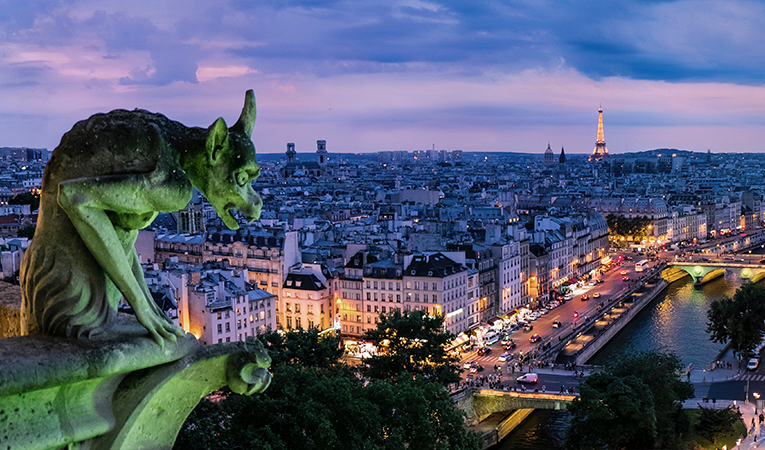 Gargoyle looking over Paris at night